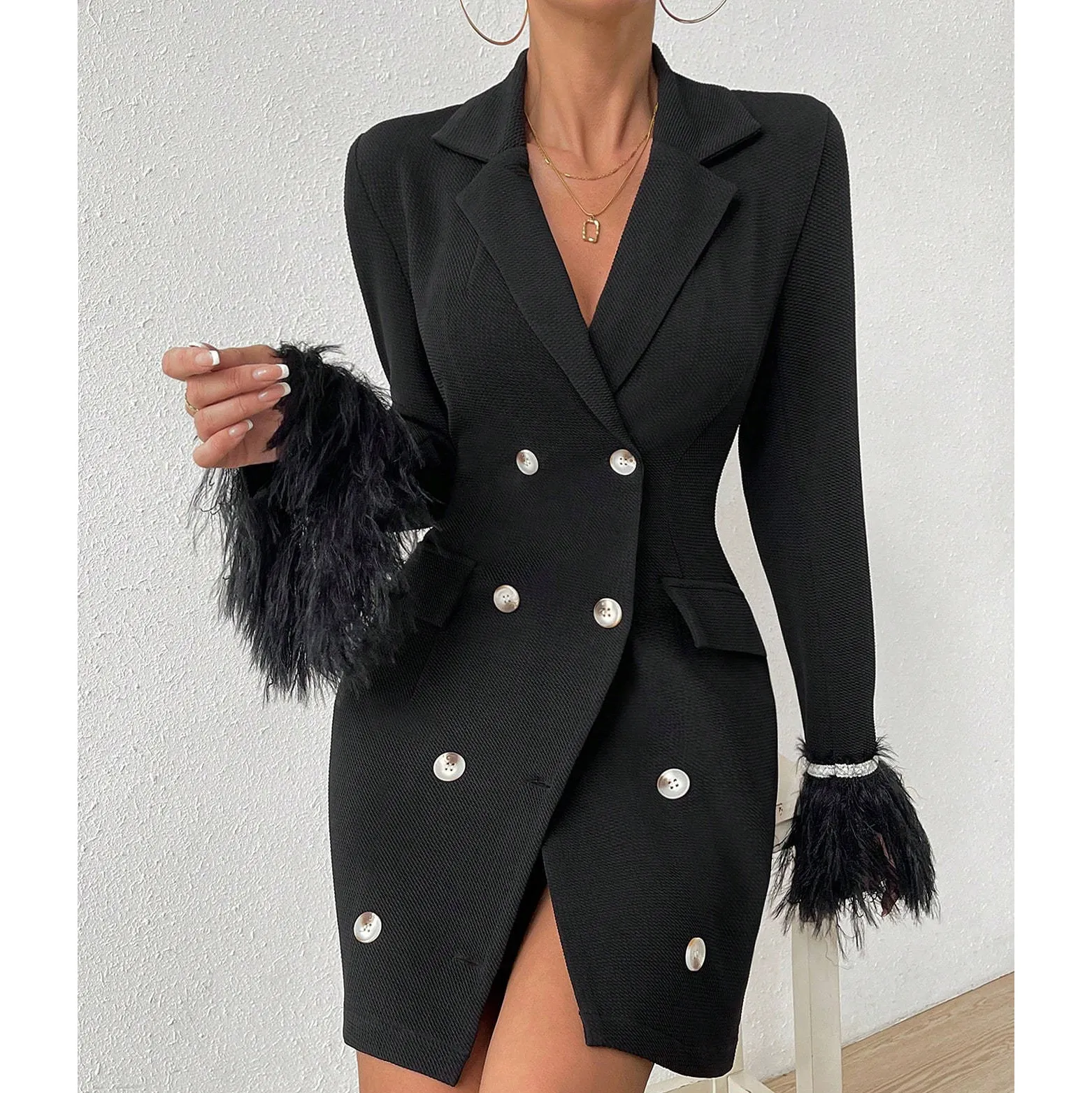 New Arrival Plus Size Satin Feather Blazer Women Custom Female Fashion Luxury Office Lady Long Sleeve Elegant Classy Midi