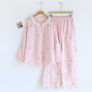 100% Cotton Leisure Simulation Silk New Spring and Summer Models love Long-sleeved Pyjamas Ladies Can Be Worn Outside Home Wear - Product Image 2
