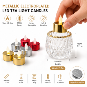 Bougies chauffe-plat LED électroplaquées métalliques, sans flamme, à lumière jaune chaude vacillante, avec piles CR2032, pour la décoration de fêtes de Noël - Product Image 2