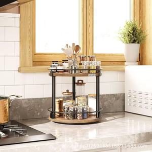 Étagère de rangement en bois à double niveau, organisateur d'épices de cuisine, support à condiments en bois massif avec cadre en fer pour bureau - Product Image 3