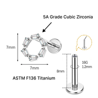 Perhiasan tindik JiaXin ASTM F136 Titanium Grade Implant, tanpa ulir, flat back, labret stud, untuk bibir, helix, conch, dengan inlay zircon berbentuk hati, ukuran 16G