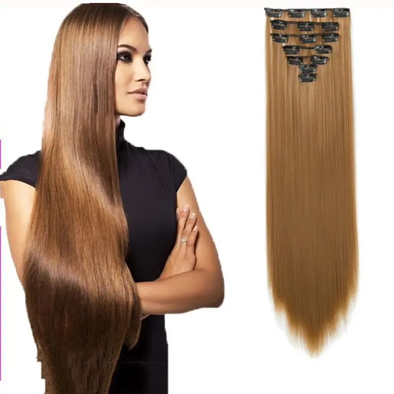 Groothandel 22 Inch 130G Full Head Pcs Lange Rechte Hittebestendige Vezel Haarclip In Synthetische Hair Extensions