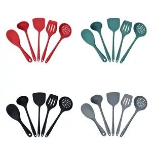 5-Piece Long Handle Non-Stick Silicone Tableware Set Temperature Resistant Food Grade Utensils Cooking Kitchen Use Opp Bag