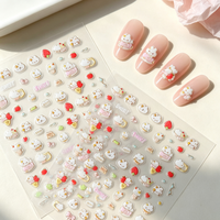 Autocollants pour ongles Kawaii, dessins animés 5D en relief, lapin blanc, fraise, nœud, autocollants adhésifs, mignons et doux, fournitures pour salon de manucure pour filles