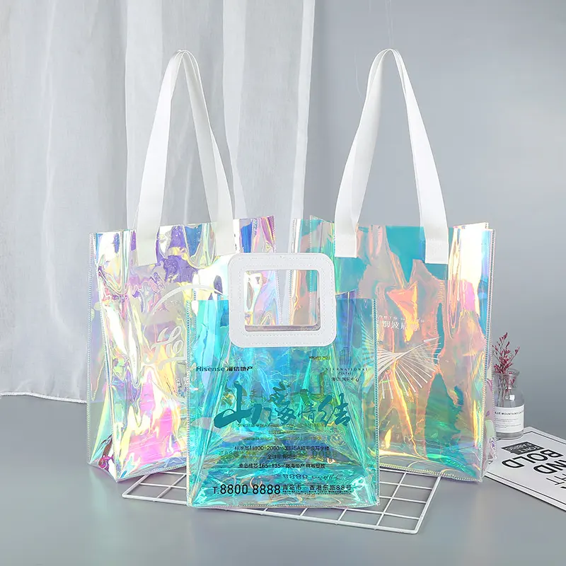 Пользовательский логотип высокого качества большой пластиковый прозрачный лазерный цветной ПВХ продуктовый подарок шоппинг сумка