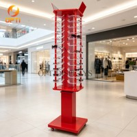 Wholesale Floor Standing 4-Sided Rotating Sunglasses Display Rack, Movable Acrylic Eyeglass Display Stand with Wheels
