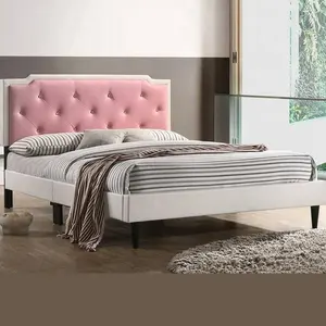 โครงสร้างเคาะลงปุ่มสนามหญ้าสีชมพูหัวเตียงโครงไม้เบาะหนังเทียม PU การออกแบบโครงเตียง