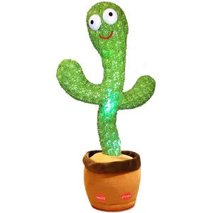 Venta caliente juguetes de cactus bailando repetir canciones en inglés juguetes de cactus de peluche juguete de peluche de cactus parlante con luz LED para niños