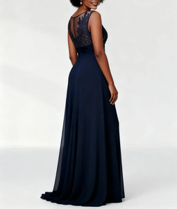 <span class=keywords><strong>Abiti</strong></span> da Cerimonia Blu Navy con Paillettes in Chiffon per Madre <span class=keywords><strong>della</strong></span> <span class=keywords><strong>Sposa</strong></span>, Linea A, <span class=keywords><strong>Taglie</strong></span> Forti, Senza Maniche, Lunghezza a Terra - Product Image 4