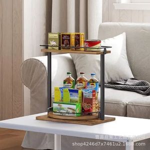 Double Layer <b>Spice</b> <b>Rack</b> Iron Wood <b>Rotating</b> Turntable Kitchen Storage Organizer For Condiments And Snacks - Product Image 1