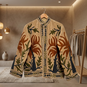 Wholesale Vintage Style Beige <b>Velvet</b> <b>Jacket</b> <b>Women</b> Hand Embroidered Floral Short Coat Boho Winter Outerwear - Product Image 6