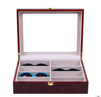 Boîte de rangement pour lunettes de soleil et bijoux pour homme en cuir grain de bois rouge, 1 ou 2 niveaux, avec fenêtre en verre, pour bagues et colliers