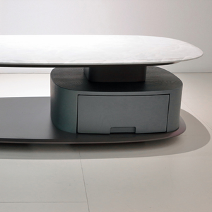<span class=keywords><strong>Table</strong></span> basse ovale contemporaine en <span class=keywords><strong>marbre</strong></span> avec base en bois et tiroir, pièce maîtresse minimaliste pour salon - Product Image 3