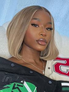 Perruque Bob Lace Frontale 13x4 en Cheveux Humains, Lisse, Brun <span class=keywords><strong>Champignon</strong></span> Clair avec Mèches Blondes, Densité 180%, Sans Colle - Product Image 2