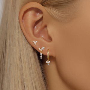 Boucles d'oreilles créoles 3 pièces/ensemble, bijoux fins à la mode en forme de fleur et de goutte d'eau - Product Image 6