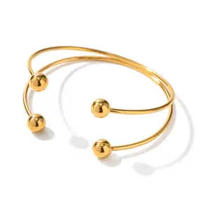 Charm 18k Gold Plated Stainless Steel Bracelet Jewelry Ball Double Layer Opening Bangles for Girls