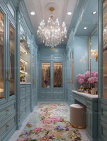 Système de dressing moderne bleu avec miroir en verre, armoire et coiffeuse sur mesure, mobilier de luxe pour manoir