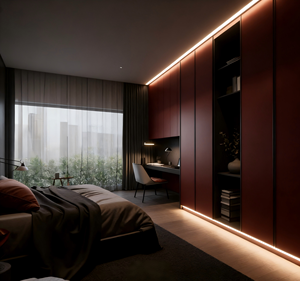 BALOM Customized Burgundy Modern Built-In Closet - Black Trim & LED Lighting, Integrated Desk for <b>Bedroom</b> Home Office - Product Image 3