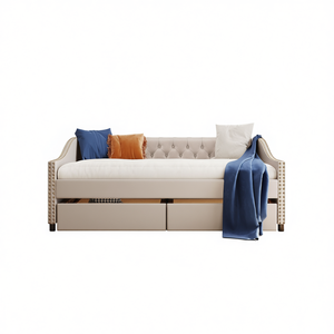 Divano letto imbottito beige a grandezza naturale con due cassetti e supporto a doghe in legno, letto morbido tradizionale - Product Image 1