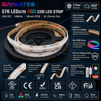 Luz RGB Raymates, 576 LED, Lámparas LED COB de 8 mm, 14 W, Uniformes, ODM, OEM, CE, RoHS, UL, 24 V, Tira de Luz LED Flexible USB para Uso Doméstico