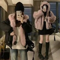 Veste d'extérieur courte décontractée à capuche zippée en fausse fourrure de vison et coton, double face, pour femme, idéale pour l'hiver