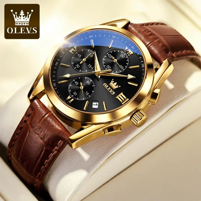 Jam tangan kuarsa multifungsi pria, arloji merek mewah gaya baru multifungsi tanggal klasik tali kulit asli tahan air untuk pria