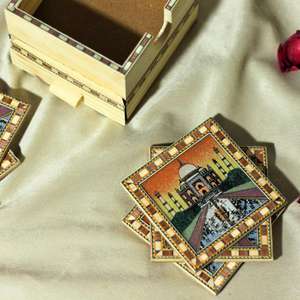 Juego de Posavasos de Madera con Cajón de Almacenamiento, Posavasos Artesanales con Diseño del Taj Mahal, Protección para Mesa, Decoración para el Hogar, Juego de Regalo - Product Image 5