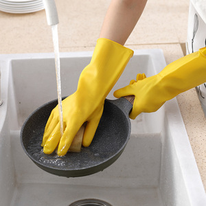 Guantes de goma para el hogar, impermeables, antideslizantes, para lavar platos, para limpieza y lavandería, color amarillo sólido - Product Image 2