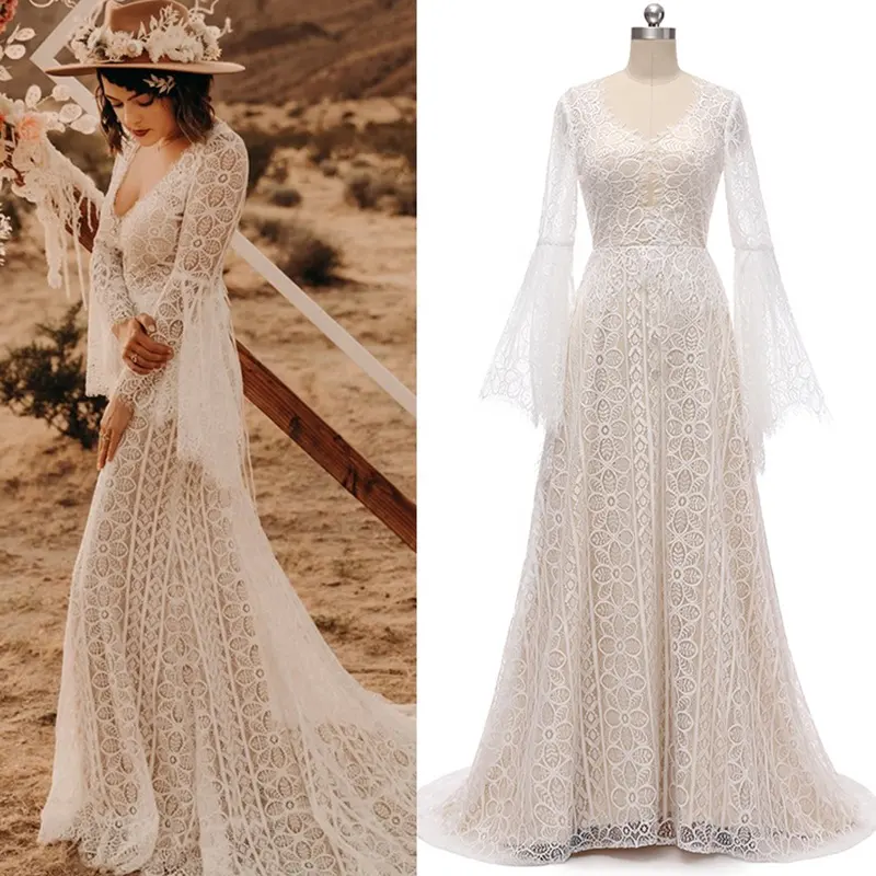 1348# Real Photos A-Line Sweep Train Flare Sleeve V-Neck Lace Criss-Cross Bohemian Beach Bridal Wedding Dress Gown