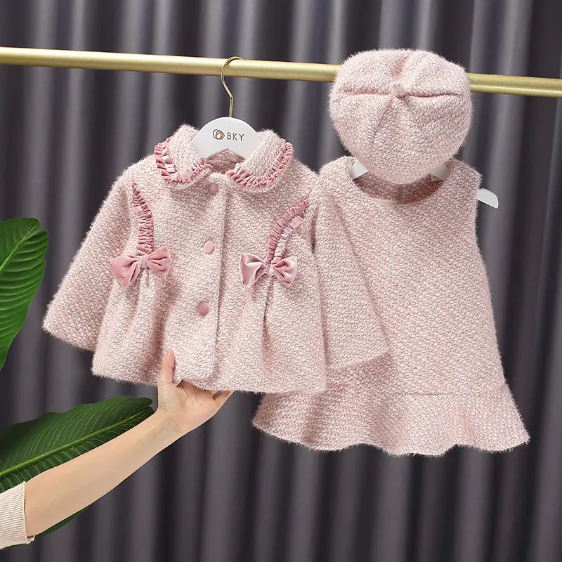 CYB20469 Fashionable Winter Baby Girl kids Clothes 3pcs Girls Sets hat +Woolen coat +Vest Skirts Dresses Girls' Clothing Sets