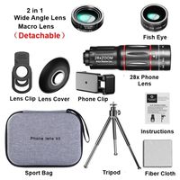 Objectif téléobjectif 28X avec zoom, grand angle, macro et fisheye pour compatibilité universelle, HD, noir, pour téléphone