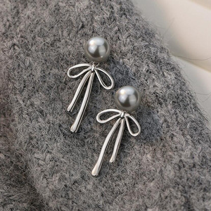 Nouvelles Boucles d'Oreilles Pendante Longues Grises en Perles avec Nœud Élégant et Simple, Style Coréen Tendance, pour Femme, Bijoux Féeriques en Métal Doux et Esthétique - Product Image 2