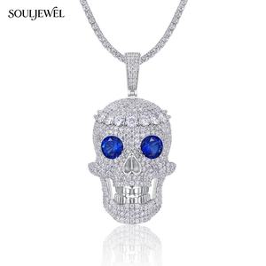 Collier pendentif crâne en argent sterling 925 Souljewel avec moissanite couleur D VVS et pierre bleue, bijoux hip-hop pour tous les jours et les soirées - Product Image 1