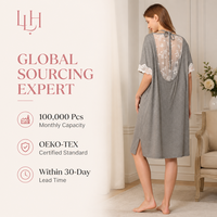 Robe de nuit en maille côtelée pour femme, vente en gros B2B, avec dentelle florale, dos en V, manches mi-longues, collection automne-hiver, vêtements d'intérieur, chemises de nuit