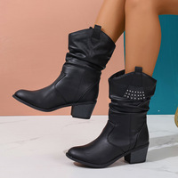 Bottes mi-mollet pour femmes, style western, avec rivets et pompons décoratifs, bout rond, talon épais, à enfiler, pour tenues quotidiennes