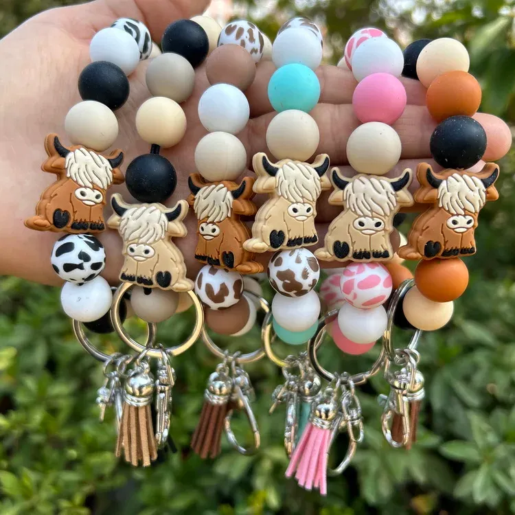 19-farben-Tiere Biene Elch Hirsch Hochland Kuh Schlüsselanhänger Silikon Perlen-Armband Armband Schlüsselanhänger mit Reißverschluss
