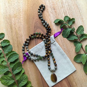 Collar de Meditación con 108 Cuentas Anudadas a Mano, Jaspe Hoja de Plata, Jade Verde Canadiense, Colgante de Ojo de Tigre, Joyería de Yoga Curativa - Product Image 5