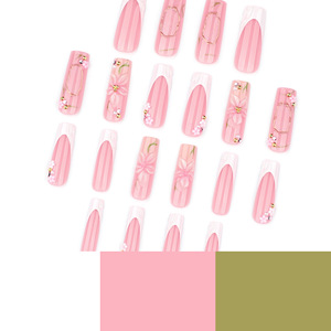 <span class=keywords><strong>Faux</strong></span> <span class=keywords><strong>ongles</strong></span> longs carrés à presser, roses avec pointe française blanche <span class=keywords><strong>et</strong></span> fleur 3D, perles dorées, pour femmes - Product Image 3