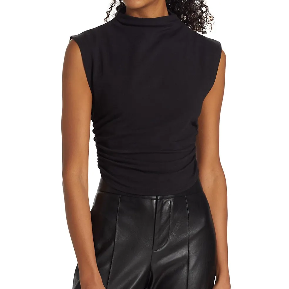 เสื้อคอสูงแขนกุดสำหรับผู้หญิง2023แฟชั่นแบบกำหนดเองเสื้อถักแบบลำลองรัดรูปสีดำล้วนคลาสสิก