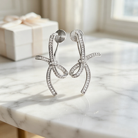 Pendientes de Clip con Lazo Brillante, Cristales y Diamantes de Imitación, Bañados en Plata, Hipoalergénicos, Joyería Elegante para Mujer, para Bodas