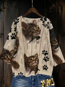 Maglione da <span class=keywords><strong>Donna</strong></span> Bohemien con Stampa Digitale Gatto, Collo <span class=keywords><strong>a</strong></span> O, Oversize, in <span class=keywords><strong>Maglia</strong></span> Pointelle, 100% Poliestere, Collezione Primavera 2026 - Product Image 5