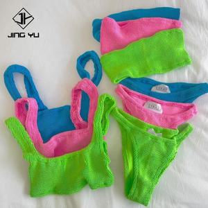 Custom Logo Women Sporty Top and Thong Bottom Crinkle Bikini Set High Cut Textured Stretchy Swimwear - Product Image 1