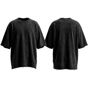 Oversized Black Distressed T-Shirt With <b>Mountain</b> Logo Back Print Men's Street Style Short Sleeve Cotton Jersey O-Neck Tee - Product Image 1