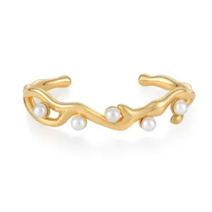 925 Sterling Silver Bracelets Ladies' Exquisite Wave Shaped Bracelet 18k Gold-plated <strong>Swarovski</strong> White Pearl Inlay Custom - Product Image 1