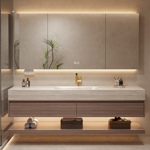 Lavabo Moderno a Doppio Strato da Parete, Mobile Bagno, Vanità in Travertino e Marmo Sinterizzato con Lavabo e Specchio LED - Product Image 2