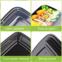 Boîte alimentaire jetable rectangulaire noire en PP, imprimée sur mesure, à faible MOQ, avec couvercle transparent anti-fuite, pour repas occidentaux