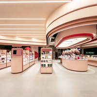 Ensemble de mobilier pour boutique de cosmétiques roses : table de vente incurvée avec grille intégrée et socle circulaire