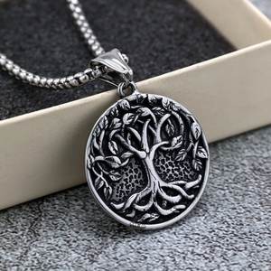 Collier avec pendentif arbre de vie en acier inoxydable, bijoux unisexes avec breloque ronde, cadeau - Product Image 2