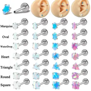 Thép phẫu thuật Opal Bông tai 1.0mm Vít nội bộ ren Claw dọc sọc Opal Đá labret tragus Tai Thùy studpiercing