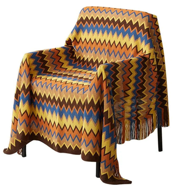 Pamuk örme atmak battaniye püsküller Boho tarzı kahverengi şerit desen dekoratif battaniye kanepe sandalye çekyat